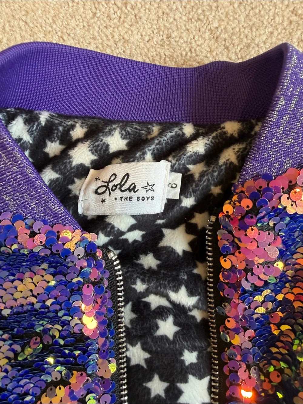 Girls' Purple Iridescent Sequin Bomber Jacket with Star Lining